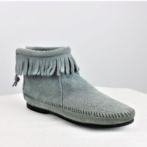 Leather Moccasin Bootie Fringe Ankle Zip Back Soft Rubber Sole Blue Gray Size 6
